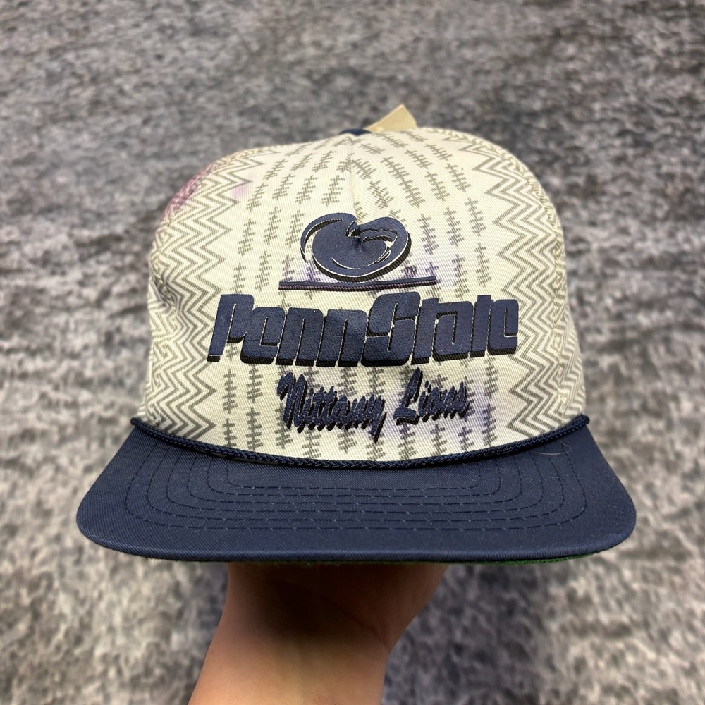VTG Penn State Nittany Lion Hat Snapback Front Row 90s White Blue Adjustable